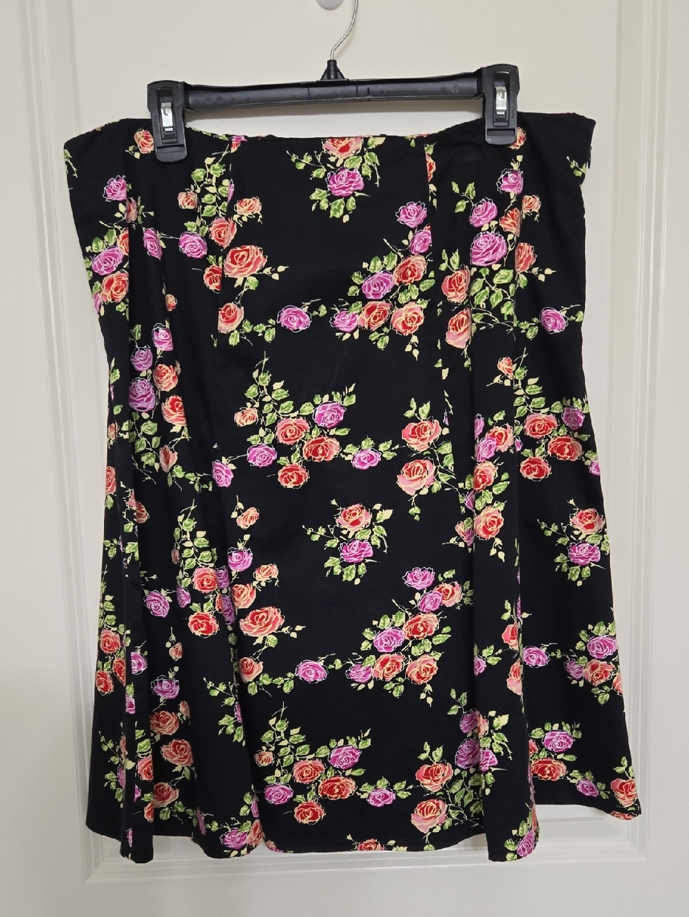 Notations Black Skater Skirt with Pink & Coral Rose Print